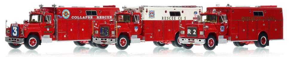 Complete your FDNY Mack R collection with Rescue 2, Collapse Rescue 3 and Rescue 5!