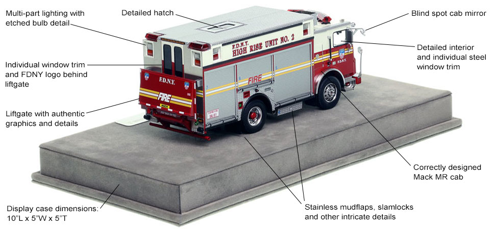Specs and features of the FDNY Mack MR/Saulsbury High Rise Unit 2 scale model