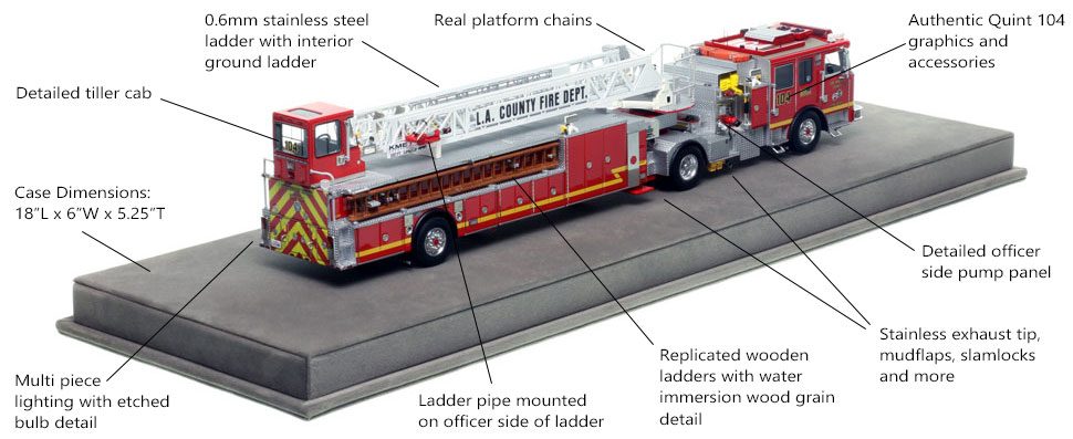 Specs and Features of Los Angeles County KME AerialCat 100' Quint 104 scale model