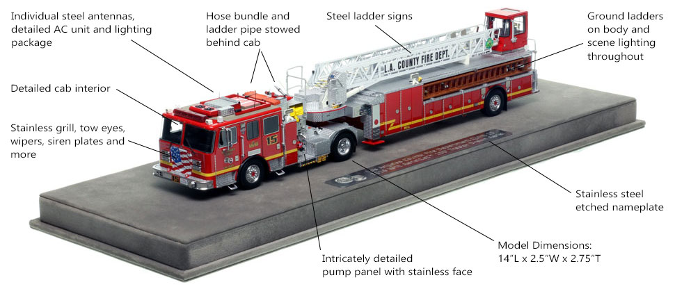 Features and Specs of Los Angeles County KME AerialCat 100' Quint 15 scale model