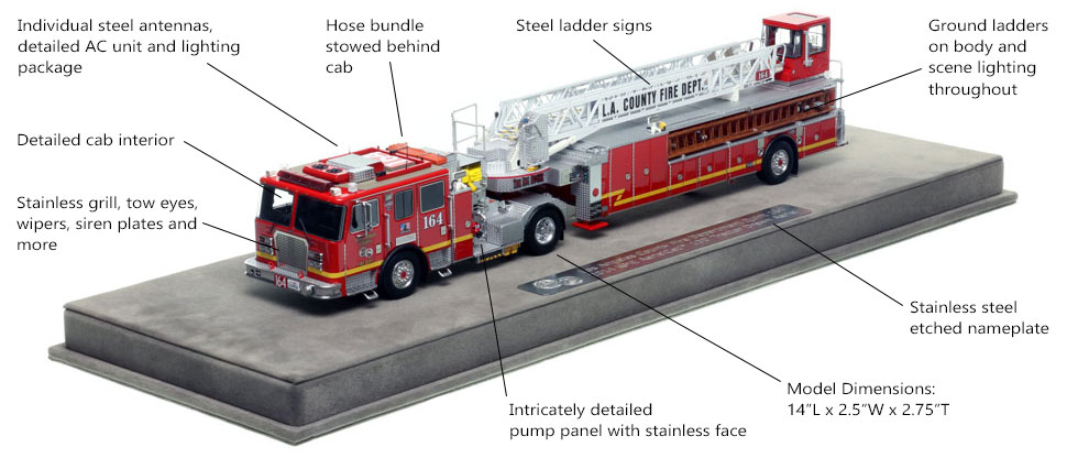 Features and Specs of Los Angeles County KME AerialCat 100' Quint 164 scale model