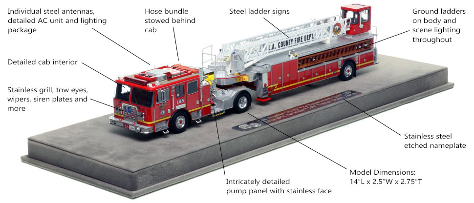 Features and Specs of Los Angeles County KME AerialCat 100' Quint 185 scale model