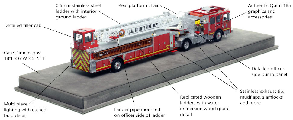 Specs and Features of Los Angeles County KME AerialCat 100' Quint 185 scale model