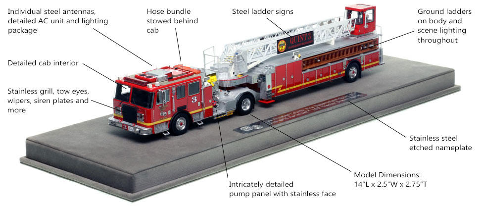 Features and Specs of Los Angeles County KME AerialCat 100' Quint 3 scale model