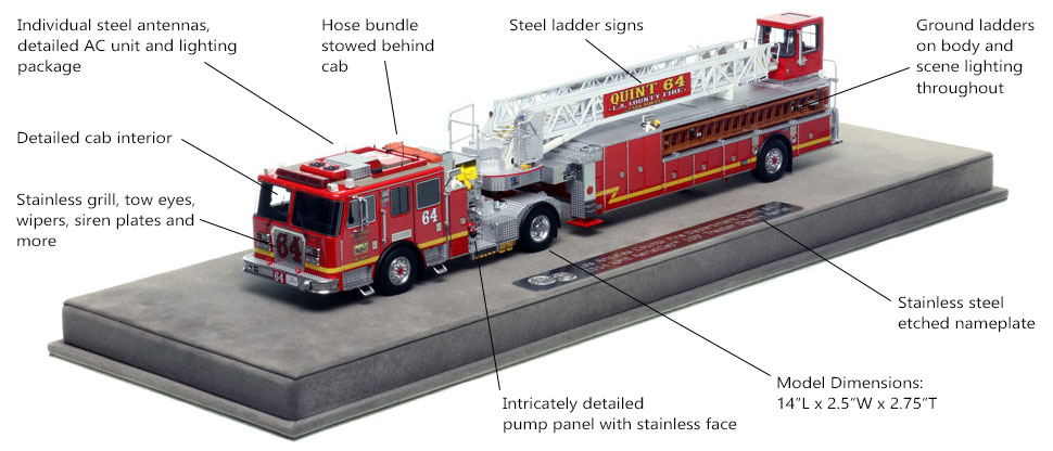 Features and Specs of Los Angeles County KME AerialCat 100' Quint 64 scale model