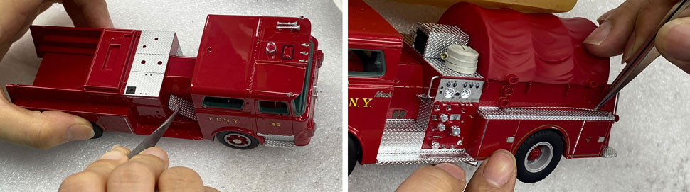 Assembly pictures 13-14 of FDNY's 1968 Mack CF Engine scale models Assembly pictures 13-14 of FDNY's 1968 Mack CF Engine scale models