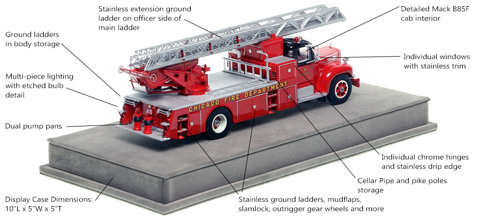 Specs and features of Chicago's 1959 Mack B85F/Magirus Truck 45 scale model