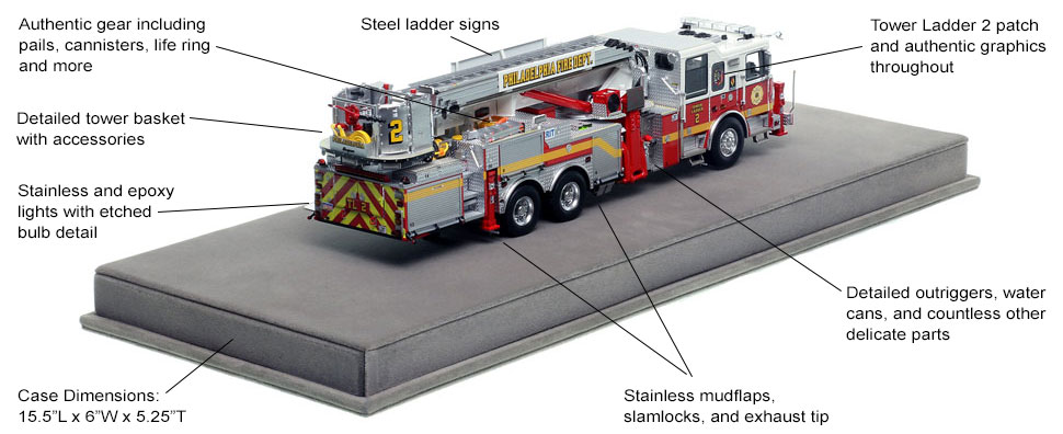 Specs and Features of Philadelphia Fire Department Tower Ladder 2 scale model