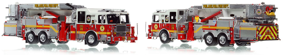 Philadelphia Fire Department Tower Ladder 28 scale model is hand-crafted and intricately detailed.