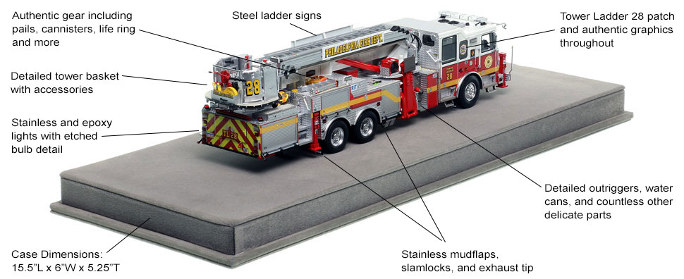 Specs and Features of Philadelphia Fire Department Tower Ladder 28 scale model