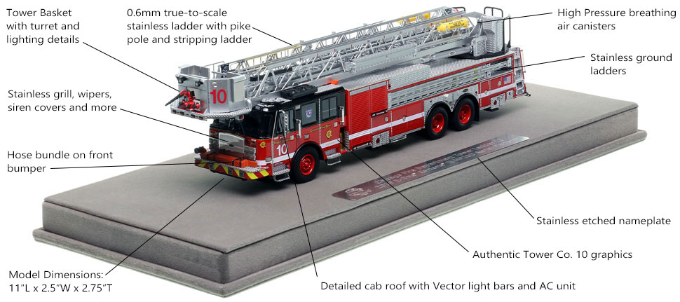 Features and Specs of Chicago's E-One Tower Ladder 10 scale model