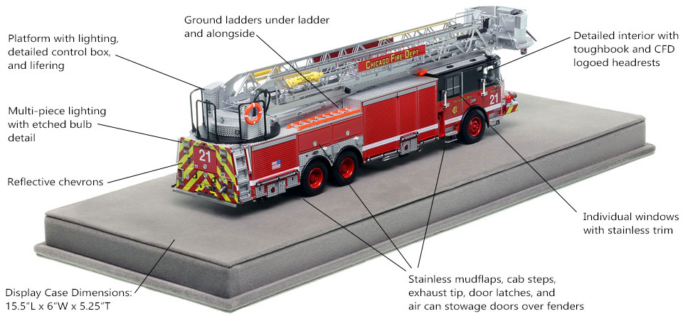 Specs and features of Chicago's E-One Tower Ladder 21 scale model