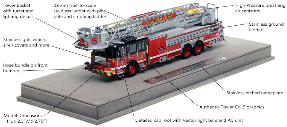 Features and Specs of Chicago's E-One Tower Ladder 5 scale model