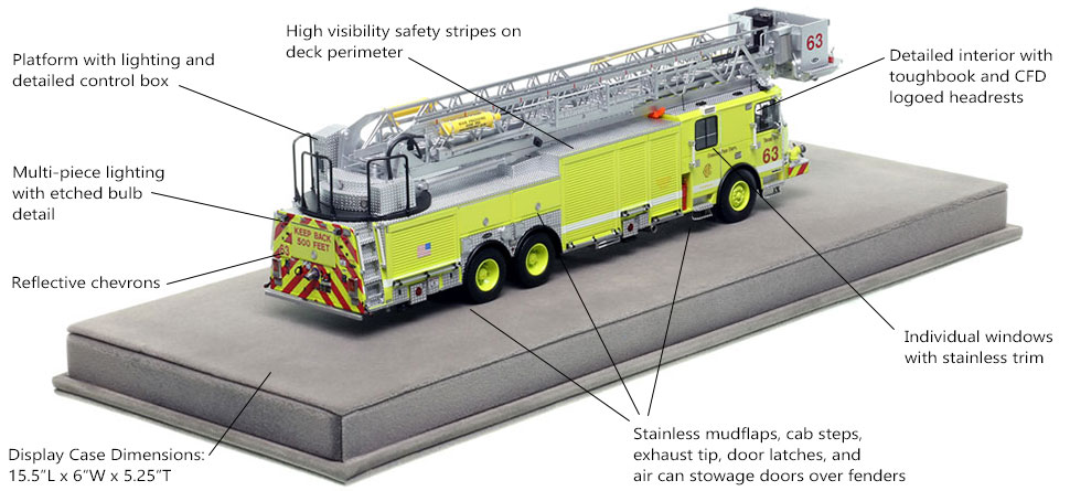 Specs and features of Chicago's E-One Tower Ladder 63 scale model