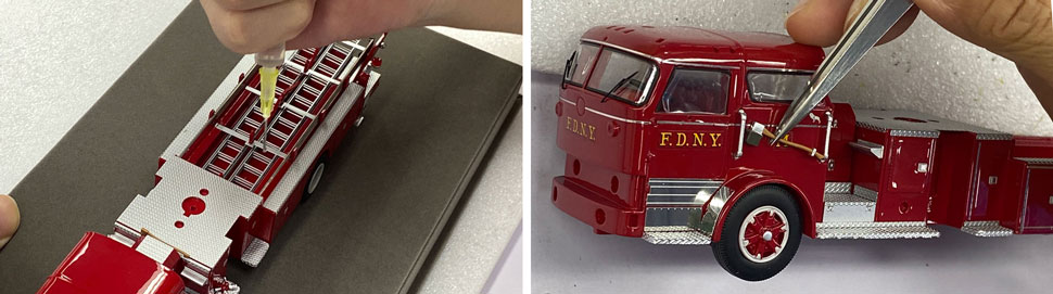 Assembly pictures 5-6 of FDNY's 1964-1969 Mack C Tower Ladder scale models