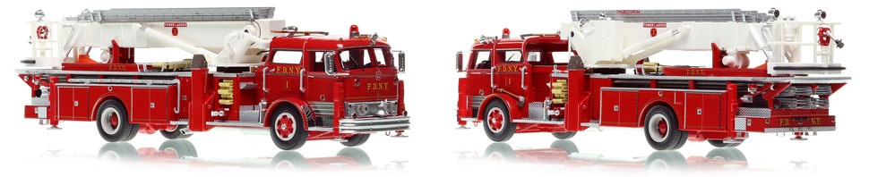 FDNY's Mack C Tower Ladder 1 scale model is hand-crafted and intricately detailed.