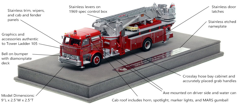 Features and Specs of FDNY's 1969 Mack C/Eaton Tower Ladder 105 scale model