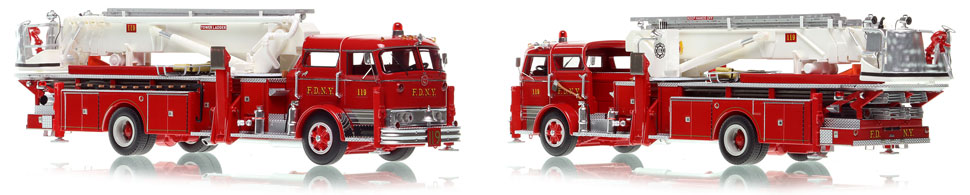 FDNY's Mack C Tower Ladder 119 scale model is hand-crafted and intricately detailed.