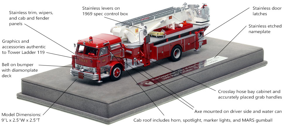 Features and Specs of FDNY's 1969 Mack C/Eaton Tower Ladder 119 scale model