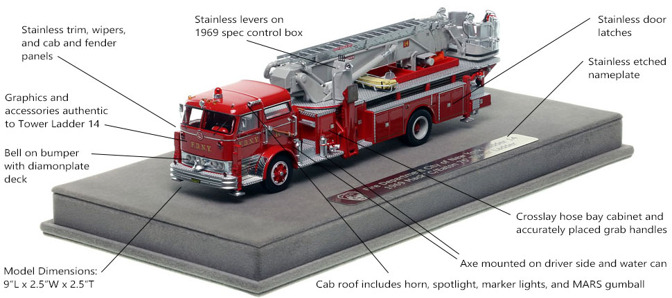 Features and Specs of FDNY's 1969 Mack C/Eaton Tower Ladder 14 scale model