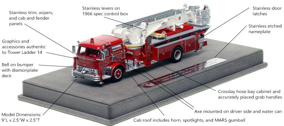 Features and Specs of FDNY's 1966 Mack C/Eaton Tower Ladder 14 scale model