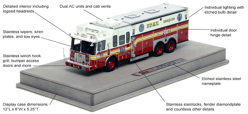 Features and Specs of FDNY's 1996 HME Rescue 4 scale model