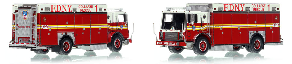 FDNY's Mack MR Collapse Rescue 1 scale model is hand-crafted and intricately detailed.