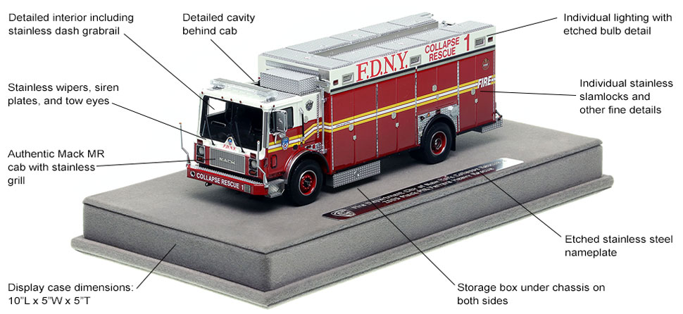 Features and Specs of FDNY's 2005 Mack MR Collapse Rescue 1 scale model