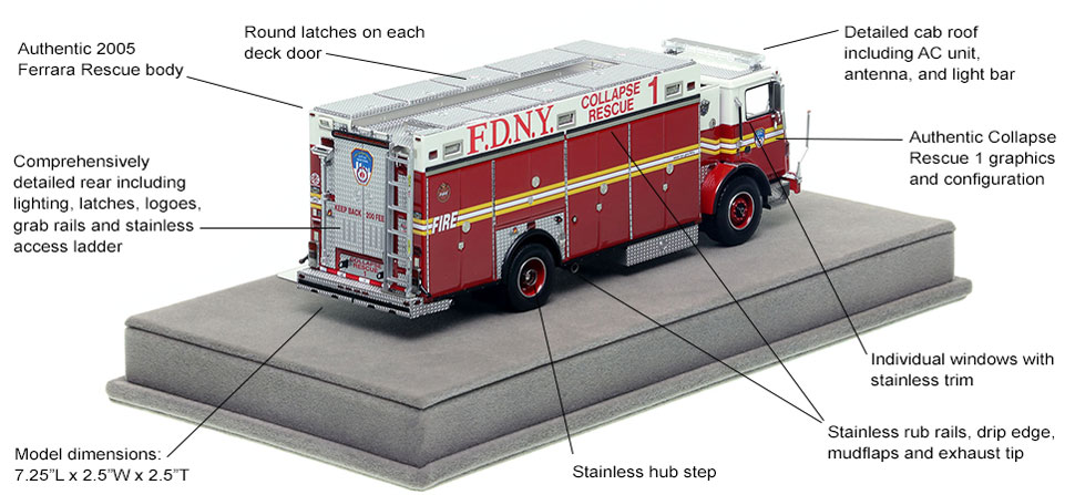 Specs and Features of FDNY's 2005 Mack MR Collapse Rescue 1 scale model