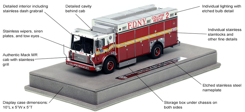 Features and Specs of FDNY's 2005 Mack MR Collapse Rescue 2 scale model