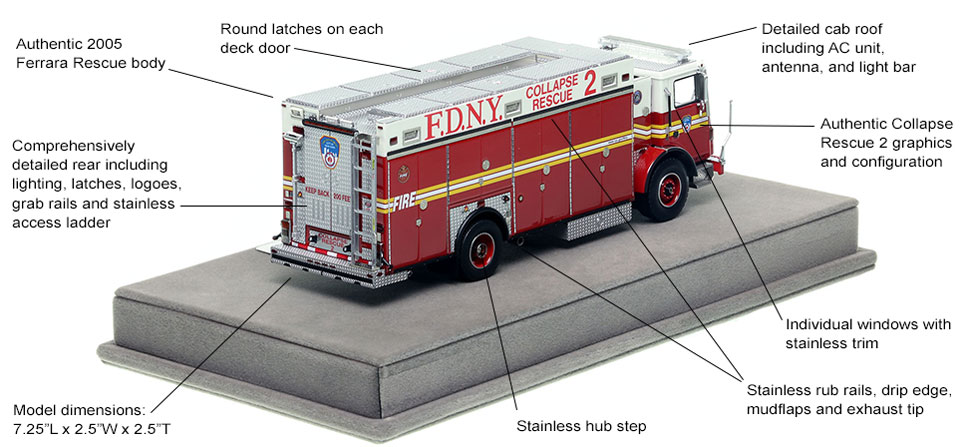 Specs and Features of FDNY's 2005 Mack MR Collapse Rescue 2 scale model