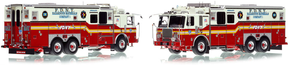 FDNY's Ferrara Haz-Mat 1 scale model is hand-crafted and intricately detailed. FDNY's Ferrara Haz-Mat 1 scale model is hand-crafted and intricately detailed.
