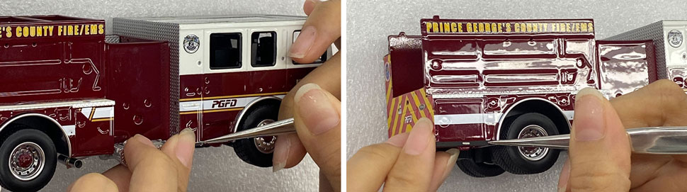 Assembly pictures 1-2 of the Prince George's Fire Department Pierce Enforcer Engine scale model