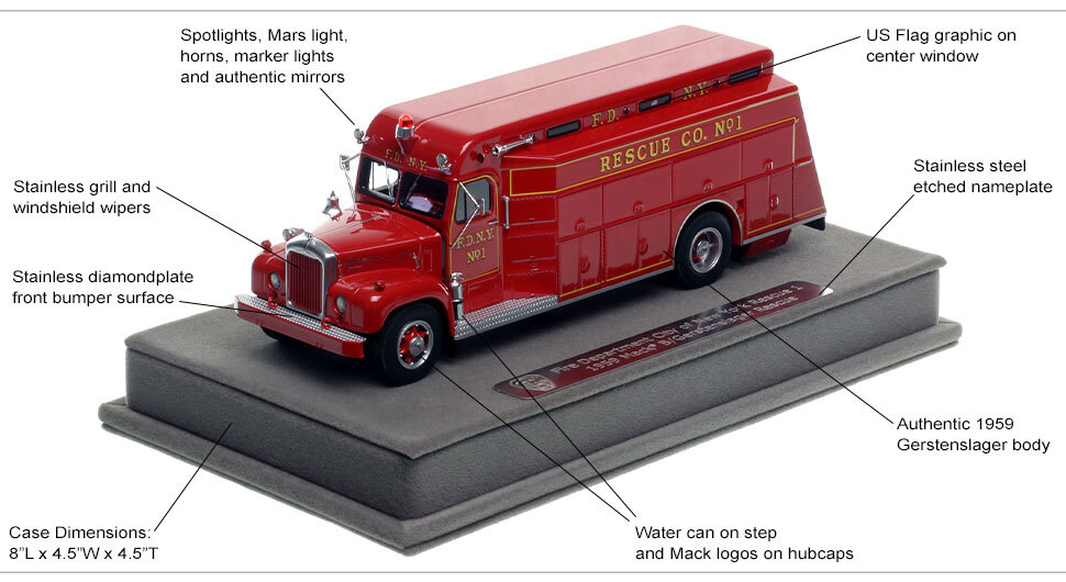 Features and specs of the FDNY 1959 Mack B/Gerstenslager Rescue 1 scale model Features and specs of the FDNY 1959 Mack B/Gerstenslager Rescue 1 scale model