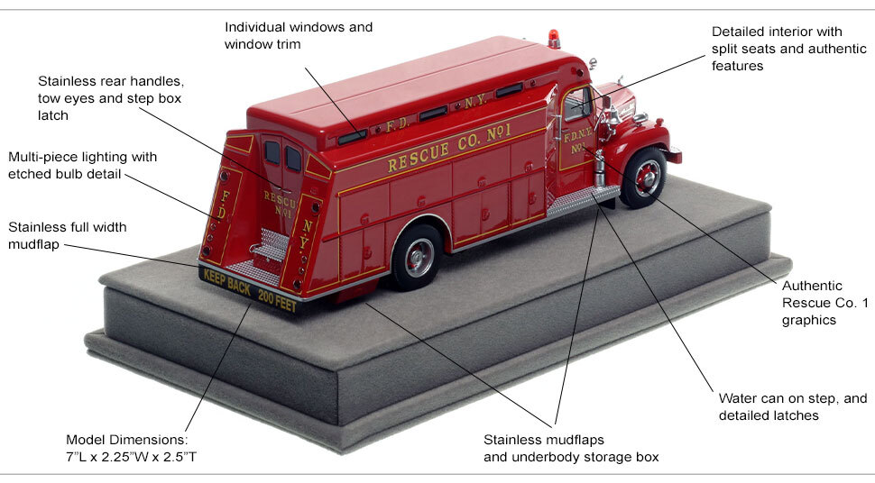 Specs and Features of the FDNY 1959 Mack B/Gerstenslager Rescue 1 scale model Specs and Features of the FDNY 1959 Mack B/Gerstenslager Rescue 1 scale model
