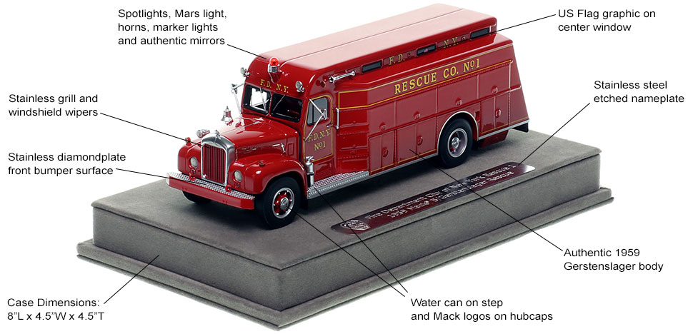 Features and specs of FDNY 1959 Mack B/Gerstenslager Rescue 1