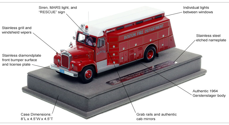Features and specs of the Boston Fire Department 1964 Mack B/Gerstenslager Rescue Company scale model