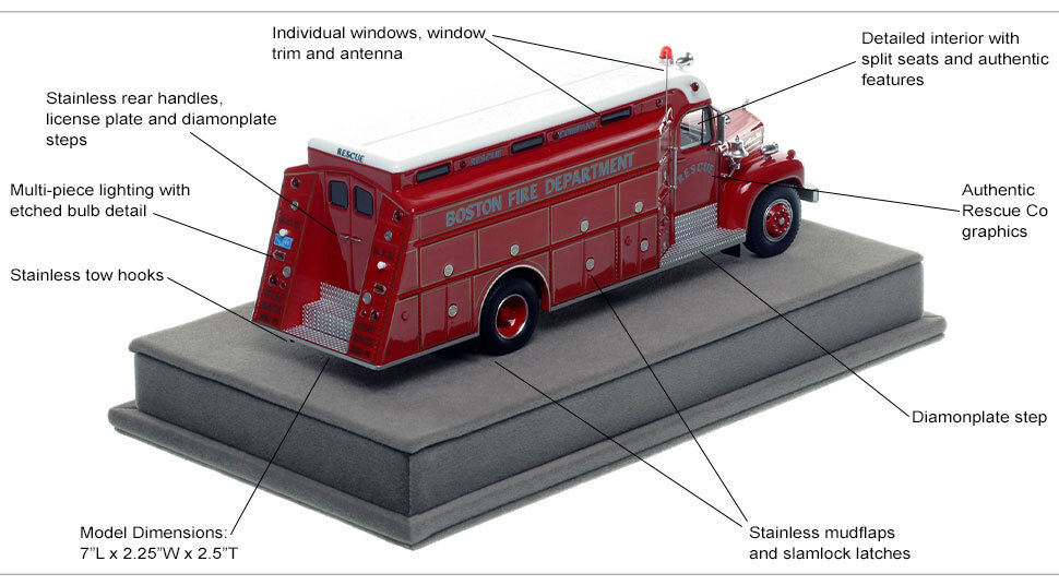 Features and specs of the Boston Fire Department 1964 Mack B/Gerstenslager Rescue Company