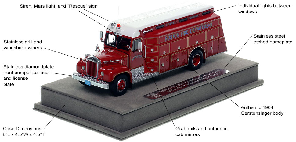 Features and specs of the Boston Fire Department 1964 Mack B/Gerstenslager Rescue Company scale model