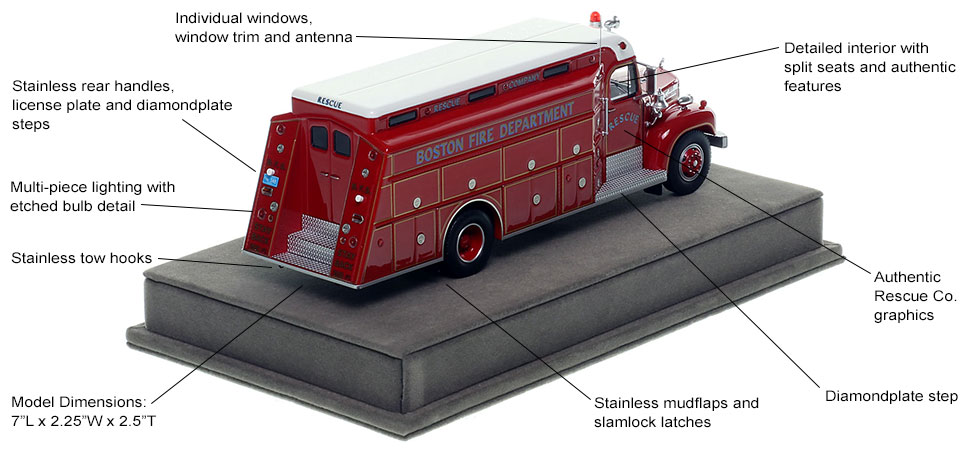 Features and specs of the Boston Fire Department 1964 Mack B/Gerstenslager Rescue Company