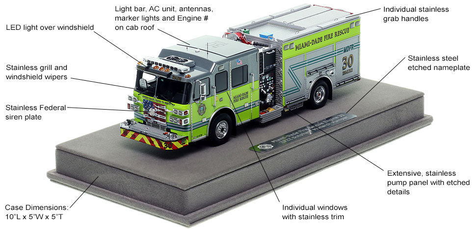 Features and specs of the Miami-Dade Fire Rescue Sutphen Engine 30 scale model