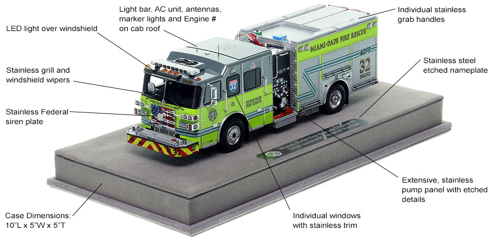 Features and specs of the Miami-Dade Fire Rescue Sutphen Engine 32 scale model