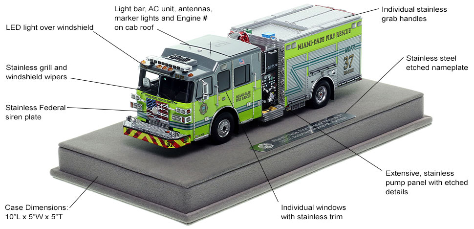 Features and specs of the Miami-Dade Fire Rescue Sutphen Engine 37 scale model