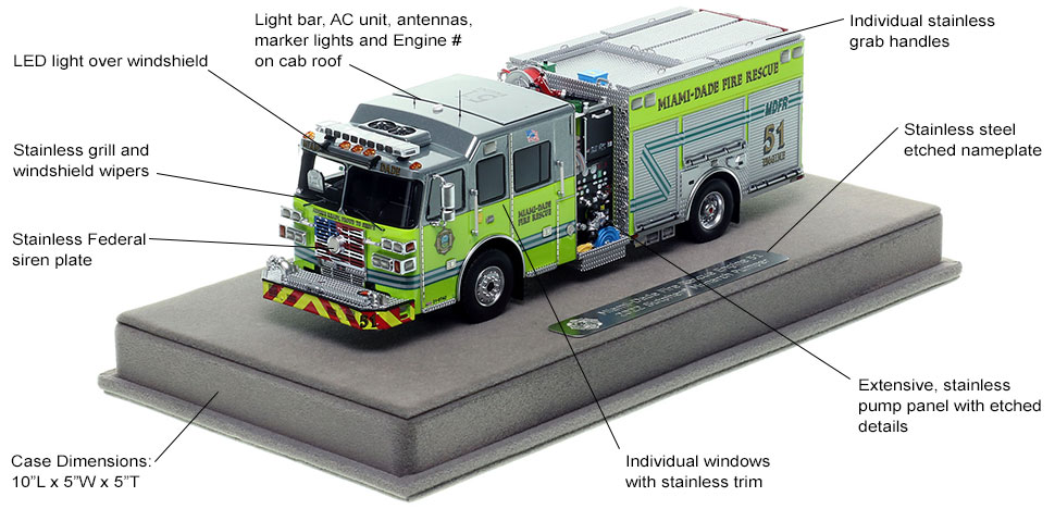 Features and specs of the Miami-Dade Fire Rescue Sutphen Engine 51 scale model