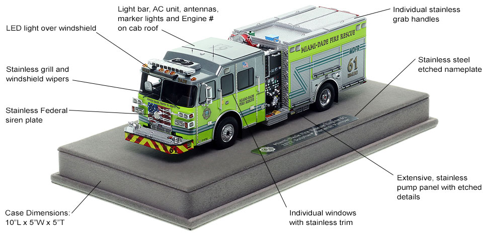 Features and specs of the Miami-Dade Fire Rescue Sutphen Engine 61 scale model