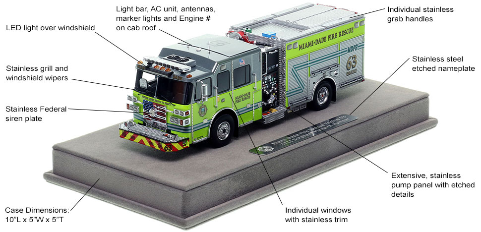 Features and specs of the Miami-Dade Fire Rescue Sutphen Engine 63 scale model