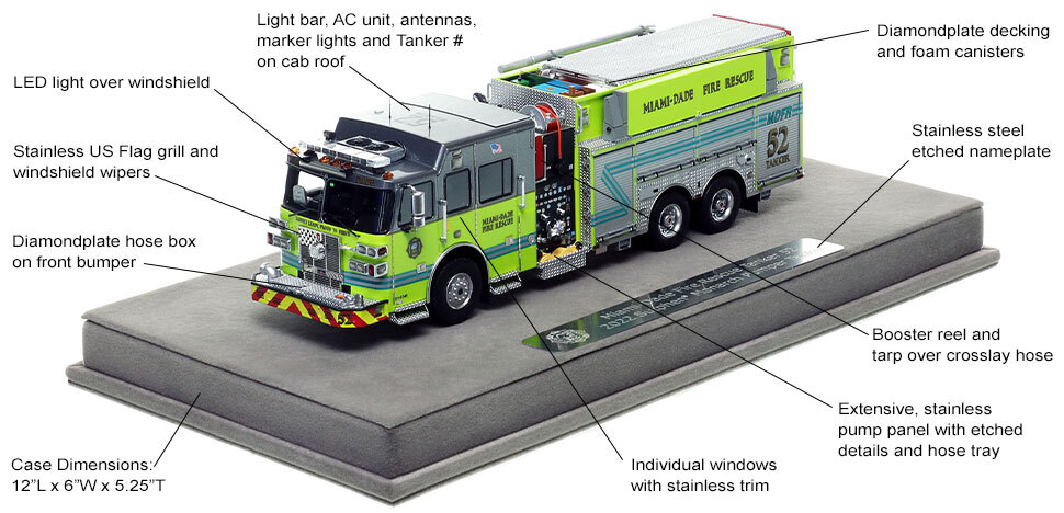 Features and specs of the Miami-Dade Fire Rescue Sutphen Tanker 52 scale model