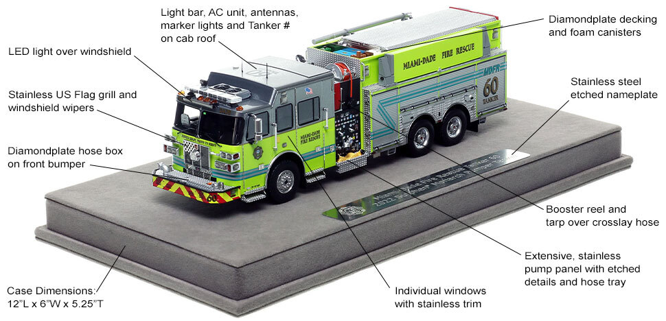 Features and specs of the Miami-Dade Fire Rescue Sutphen Tanker 60 scale model