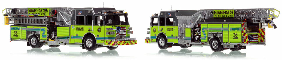 Miami-Dade Sutphen Ladder 36 scale model is hand-crafted and intricately detailed.