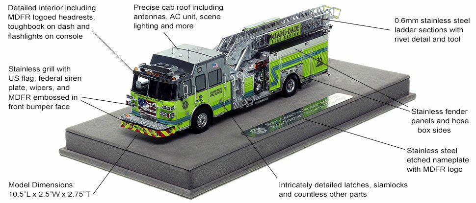 Features and specs of the Miami-Dade Fire Rescue Sutphen Ladder 36 scale model